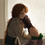  2girls backlighting bare_shoulders black_hair brown_hair eyewear_strap from_side glasses gloves grey_gloves half-closed_eyes hand_on_another's_back head_on_chest highres hug indoors isolde_(reverse:1999) kakania_(reverse:1999) long_hair low_ponytail moondown_(twtmoondown) multiple_girls ponytail profile purple_eyes reverse:1999 shirt topless_female upper_body white_shirt 