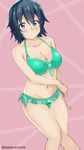  banned_artist bikini black_hair blue_eyes blush breasts cleavage gamers! groin hoshinomori_chiaki large_breasts looking_at_viewer navel pink_background short_hair solo swimsuit tasora twitter_username 