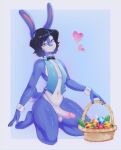 absurd_res anthro apinkgrape balls basket bottomless bottomless_anthro bottomless_male bow_tie buckteeth clothed clothing container digital_media_(artwork) easter easter_basket easter_egg egg erection eyewear eyewear_only feet fingers genitals glasses hair hi_res holidays humanoid_genitalia humanoid_penis kneeling lagomorph leporid looking_at_viewer male mammal navel nude penis rabbit simple_background solo tail teeth toes topwear wearing_glasses