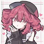  1girl 3: black_shirt black_sleeves blush_stickers closed_mouth commentary_request detached_sleeves drill_hair grid_background hair_between_eyes hand_up heart highres kasane_teto looking_at_viewer medium_hair nasubi_no_manjiu portrait red_eyes red_hair shirt simple_background sleeves_past_wrists solo sparkling_eyes twin_drills utau 