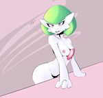 1girl absurdres arm_support ass breasts collarbone english gardevoir green_hair leaning_forward marbearis medium_breasts navel nipples no_humans nude open_mouth pokemon pokemon_(creature) pokemon_rse red_eyes short_hair simple_background smile solo teeth text 