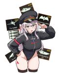  1girl :d alisa_mikhailovna_kujou alternate_costume blue_eyes blush breasts cocktiel77 commentary_request grey_hair grey_hat hair_between_eyes hair_ribbon hat jacket korean_commentary long_hair long_sleeves looking_at_viewer military_hat military_vehicle motor_vehicle open_mouth red_ribbon ribbon russia sidelocks simple_background smile solo spetsnaz standing su-57 tank thighhighs tokidoki_bosotto_roshia-go_de_dereru_tonari_no_alya-san tu-22m z_(russian_symbol) 