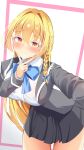  1girl absurdres black_jacket black_skirt blonde_hair blush braid breasts closed_mouth commentary_request contemporary hair_between_eyes highres jacket kirisame_marisa large_breasts long_hair looking_at_viewer school_uniform shirt shiso_gohan side_braid skirt solo touhou v white_shirt yellow_eyes 
