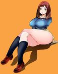  1girl ballpoint_pen_(medium) black_socks breasts brown_hair female flcl full_body graphite_(medium) huge_breasts legs lips long_hair mechanical_pencil no_panties orange_eyes shadow shoes simple_background sitting skirt socks solo thick_thighs yoru_ha 