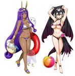 &lt;o&gt;_&lt;o&gt; :d animal_ears armpits arms_up bag ball bare_legs barefoot beachball bikini black_bikini blush body_blush bracelet breasts cape_removed cleavage collarbone commentary_request dark_skin earrings egyptian egyptian_clothes facial_mark fate/grand_order fate_(series) full_body hair_tubes hairband handbag headpiece hoop_earrings innertube jackal_ears jeanne_d'arc_(alter)_(fate) jeanne_d'arc_(fate)_(all) jewelry kojima_saya large_breasts long_hair looking_at_viewer low-tied_long_hair medjed micro_bikini multiple_girls navel nitocris_(fate/grand_order) nitocris_(swimsuit_assassin)_(fate) open_mouth purple_eyes purple_hair sample sandals sarong shiny shiny_skin sidelocks silver_hair simple_background smile standing stomach strap_gap swimsuit underboob very_long_hair walking watermark white_background yellow_eyes 