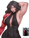  1girl abs absolute_dc absolute_wonder_woman amazon_warrior arm_tattoo arm_up armpits arms_behind_head artist_name biceps black_dress black_hair black_lips blue_eyes breasts cleavage dc_comics dress highres long_hair looking_at_viewer muscular muscular_female red_tattoo reference_inset sideboob sleeveless sleeveless_dress tattoo tattoo_sleeve tezy8art tiara wonder_woman_(absolute_dc) 