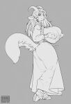 2_horns anthro big_nipples bodily_fluids bovid breasts butt caprine clothing cloven_hooves dress elowen_(mariart) exposed_breasts eyebrows eyelashes female female_anthro fur goat grey_background greyscale hair hand_on_own_breast hi_res hooves horn lactating long_hair long_tail looking_back mammal mariart monochrome nipple_fetish nipple_pinch nipple_play nipples pinch signature simple_background smile solo tail unguligrade