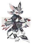 2026 4_ears ambiguous_anthro ambiguous_gender anthro avali avian belt biped black_belt bottomwear claws clothed clothed_ambiguous clothed_anthro clothing cute_fangs digital_media_(artwork) digitigrade eyebrows fangs feathers feet finger_claws footwear full-length_portrait grey_body grey_bottomwear grey_clothing grey_topwear handpaw hi_res holding_object kemono midriff multi_ear multicolored_body multicolored_feathers multicolored_tail open_mouth open_smile pawpads paws portrait pupils red_eyes red_pawpads shaded simple_background smile smiling_at_viewer solo tail teeth theresnobody827 toe_claws topwear white_body white_eyebrows white_pupils white_sclera winged_arms wings