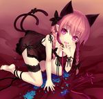  animal_ears barefoot bell bent_over bow braid breasts cat_ears cat_tail choker collar cunnilingus_gesture earrings extra_ears feet hair_bow highres inconvenient_tail jewelry jingle_bell kaenbyou_rin leash leg_garter leg_ribbon lingerie looking_at_viewer medium_breasts minamura_haruki multiple_tails nail_polish nekomata petals pink_eyes pink_hair pointy_ears ribbon soles solo strap_slip tail tail_ribbon toenail_polish tongue tongue_out touhou twin_braids two_tails underwear 