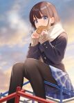  1girl blazer blue_eyes blue_jacket blue_skirt blush brown_hair duplicate eating food from_below highres holding holding_food jacket jungle_gym looking_at_viewer original outdoors pantyhose pixel-perfect_duplicate plaid_clothes plaid_skirt pleated_skirt scarf school_uniform shigure_ui short_hair sitting skirt sky solo sunset sweater taiyaki wagashi white_scarf 