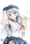  adapted_costume black_hat black_sailor_collar black_skirt blue_eyes flat_cap hair_between_eyes hat hibiki_(kantai_collection) highres kantai_collection long_hair looking_at_viewer miko_fly neckerchief open_mouth pleated_skirt red_neckwear sailor_collar school_uniform serafuku signature silver_hair simple_background skirt sleeveless solo white_background 