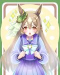  1girl animal_ears blush bow bowtie braid breasts brown_eyes brown_hair chiffon collarbone commentary_request double-parted_bangs ear_ornament hair_between_eyes half_up_braid highres horse_ears horse_girl horse_tail large_breasts long_hair long_sleeves looking_at_viewer multicolored_hair open_mouth pleated_skirt purple_sailor_collar purple_serafuku purple_shirt purple_skirt sailor_collar sailor_shirt satono_diamond_(umamusume) school_uniform serafuku shirt skirt solo streaked_hair tail teeth tracen_school_uniform umamusume upper_teeth_only very_long_hair white_bow white_bowtie 