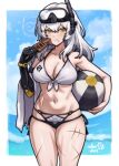  1girl absurdres ball bare_shoulders beachball bikini blue_sky breasts cleavage closed_mouth cloud collarbone commentary commission diving_mask diving_mask_on_head english_commentary food food_on_face fried_squid goddess_of_victory:_nikke goggles goggles_on_head highres holding holding_ball holding_beachball holding_food ko-fi_commission large_breasts long_hair looking_at_viewer mechanical_arms navel ocean rotomdocs scar scar_on_leg scar_on_stomach scar_on_thighs sky smile snorkel snorkel_mask snow_white_(heavy_arms)_(nikke) snow_white_(nikke) solo swimsuit water white_bikini white_hair yellow_eyes 