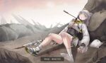  1girl absurdres animal_ear_fluff animal_ears arknights arknights:_endfield arrow_(projectile) black_shoes blood blood_from_mouth blood_on_clothes blood_on_weapon blue_eyes chinese_commentary chinese_text colored_shoe_soles commentary_request day death estella_(arknights) fingerless_gloves full_body gauze gauze_on_knee gauze_on_leg gauze_on_thigh gloves grey_gloves grey_hair grey_hat grey_shoes grey_socks grey_tail hat highres kneehighs long_sleeves medium_hair on_ground outdoors paid_reward_available shoes sitting socks solo sword t90s_mk2 tail translation_request unworn_hat unworn_headwear weapon 