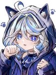  1girl :3 absurdres ahoge alternate_costume animal_ear_fluff animal_ear_hood animal_ears artist_name ascot blue_ascot blue_eyes blue_hair blue_jacket blue_streaks cat_day cat_ears check_commentary choker commentary_request drop-shaped_pupils fake_animal_ears furina_(genshin_impact) genshin_impact haru_tuku heterochromia highres hood hood_up hooded_jacket jacket long_sleeves looking_at_viewer mismatched_pupils multicolored_hair open_clothes open_jacket open_mouth paw_pose paw_print portrait short_hair signature simple_background solo streaked_hair symbol-shaped_pupils white_background white_hair 