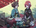  2girls animal animal_ears cat cherry_blossoms cup day duplicate falling_petals floral_print food hair_ornament horikawa_raiko imaizumi_kagerou japanese_clothes kimono multiple_girls obi outdoors patterned_clothing petals pixel-perfect_duplicate red_umbrella sakuraba_yuuki sash sitting tail tea teacup touhou umbrella wagashi wolf_ears wolf_tail 