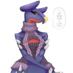  black_sclera blush breasts clothing english_text female garchomp keyhole_turtleneck nintendo pok&eacute;mon sad_maggot simple_background solo sweater text video_games white_background yellow_eyes 