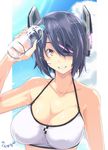  arm_up bangs bare_arms bare_shoulders bikini_top blue_sky bottle breasts brown_eyes cleavage cloud collarbone day eyepatch grin headgear holding holding_bottle kantai_collection kichihachi large_breasts looking_at_viewer one_eye_covered parted_lips purple_hair shiny shiny_skin short_hair signature sky smile solo sweat swept_bangs teeth tenryuu_(kantai_collection) upper_body water_bottle white_bikini_top 