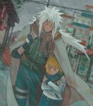  2boys artist_name blonde_hair child facial_mark forehead_protector highres jiraiya_(naruto) kokodrawings konohagakure_shinobi_uniform long_hair male_focus multiple_boys namikaze_minato naruto_(series) signature spiked_hair teacher_and_student twitter_username 