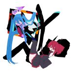  0843_oysm 2girls aqua_hair aqua_nails aqua_necktie aqua_trim black_boots black_horns black_skirt blood boots collared_shirt commentary cursor detached_sleeves drill_hair forked_tongue full_body hair_between_eyes hatsune_miku highres horns jaggy_lines kasane_teto kasane_teto_(utau) legs long_hair medium_hair miniskirt multiple_girls nail_polish necktie pink_blood red_eyes red_hair red_trim shirt simple_background skirt split_dance_(vocaloid) thigh_boots tongue twin_drills twintails untranslatable_commentary utau very_long_hair vocaloid white_background wide-eyed 
