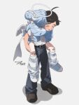  1boy 1girl :d ^_^ ahoge bandaid bandaid_on_knee bandaid_on_leg belt belt_buckle black_belt black_hair blue_hair blue_jacket blue_shoes blush brown_shoes buckle carrying closed_eyes double_bun feathered_wings grey_background grey_pants hair_bun hair_ornament halo heart heart_hair_ornament highres jacket jersey_maid loafers long_sleeves loose_socks maid miharu_(wolrero) mini_wings mole mole_under_eye nichijou_kamoshirenai pants piggyback pleading_eyes puffy_long_sleeves puffy_sleeves rabbit_hair_ornament school_uniform shadow shirt shoes short_sleeves signature simple_background sleeves_past_fingers sleeves_past_wrists small_sweatdrop smile socks sora_(wolrero) standing striped_clothes striped_socks sweat thick_eyebrows track_jacket unconventional_maid white_shirt white_wings wings wolrero 