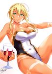  ahoge armpits artist_name artoria_pendragon_(all) artoria_pendragon_(lancer) bangs blonde_hair braid breasts cleavage collarbone covered_navel cup cupping_glass drinking_glass fate/grand_order fate_(series) fingernails french_braid gold_trim green_eyes hair_between_eyes holding holding_cup knee_up large_breasts lips looking_at_viewer nail_polish one-piece_swimsuit purple_nails sakiyamama simple_background sitting smile solo strapless strapless_swimsuit swimsuit tan tanline two-tone_swimsuit white_background wine_glass 