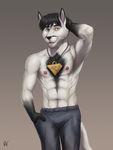  2017 abs anthro arctic_fox biped black_eyebrows black_fur black_hair black_markings black_nose canine clothed clothing digital_media_(artwork) eyebrows facial_markings fox front_view fur gloves_(marking) grey_background grey_bottomwear grey_clothing grey_pants hair hand_in_pocket hand_on_head heterochromia hi_res jewelry lenn_lightning looking_at_viewer male mammal markings multicolored_fur muscular muscular_male navel necklace nipples pants pecs pink_nipples portrait rov short_hair signature simple_background snout solo standing three-quarter_portrait topless two_tone_fur white_fur yu-gi-oh 