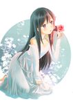  absurdres alternate_costume asashio_(kantai_collection) black_hair detached_sleeves dress eyebrows_visible_through_hair flower highres holding holding_flower kantai_collection kneeling long_hair misacho_(misa1001) pink_flower pink_rose red_eyes rose solo wedding_dress 