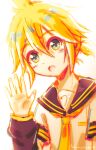  1boy ahoge artist_name bass_clef black_sailor_collar blonde_hair blue_eyes blush breast_pocket detached_sleeves double-parted_bangs hair_between_eyes highres kagamine_len looking_at_viewer low_twintails male_focus necktie open_mouth pocket sailor_collar shirt shootingstareon short_hair short_sleeves sidelocks signature simple_background sketch solo twintails upper_body vocaloid waving white_background white_shirt yellow_necktie 