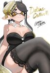  +_+ 1girl artist_name bare_shoulders black_dress black_hair black_thighhighs blonde_hair bow-shaped_hair breasts callie_(splatoon) cleavage closed_mouth collar collarbone cross-shaped_pupils crossed_legs detached_collar domino_mask dress earrings english_text eye_mask food food_on_head gradient_hair hat highres jewelry kororidrazom large_breasts long_hair looking_at_viewer mask mole mole_under_eye multicolored_hair object_on_head pointy_ears ribbon simple_background sitting smile solo splatoon_(series) strapless strapless_dress swept_bangs symbol-shaped_pupils tentacle_hair thank_you thick_eyebrows thighhighs thighs twitter_username two-tone_hair very_long_hair white_background white_collar yellow_eyes yellow_ribbon 