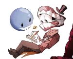 1boy :d animal bee black_bow black_bowtie black_eyes bow bowtie brown_hat brown_pants brown_shoes bubble_(the_amazing_digital_circus) bug buttons caine_(the_amazing_digital_circus) coat collared_shirt commentary crossed_legs dentures drawing_(action) english_commentary fewer_digits film_grain floating floating_head full_body gloves green_eyes grey_eyes grin hands_up hat hat_tip heterochromia highres holding holding_notepad holding_pencil lapels long_sleeves looking_at_object looking_down male_focus mini_hat mini_top_hat notepad pants pencil red_coat sharp_teeth shirt shoes simple_background smile solid_oval_eyes solo_focus teeth the_amazing_digital_circus tongue tongue_out top_hat traditional_bowtie twitter_username vizu001 white_background white_gloves white_shirt 