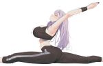  1girl alternate_hair_length_(shorter) armpits arms_up black_pants black_sports_bra blush breasts closed_eyes contortion flexible from_side front_sitting_split grey_hair highres hololive hololive_indonesia kebohan large_breasts long_hair nail_polish official_alternate_costume pants pavolia_reine pavolia_reine_(6th_costume) profile purple_nails simple_background sitting_split solo split sports_bra sportswear straight_hair stretching sweatpants trembling virtual_youtuber watermark white_background workout_clothes wristband yoga yoga_pants 