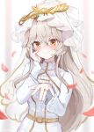  1girl \||/ belt blush bridal_veil bride brown_hair charlotta_skopovskaya charlotta_skopovskaya_(innocent_nevesta) closed_mouth commentary cowboy_shot dress falling_petals glint hair_between_eyes hand_on_own_cheek hand_on_own_face hands_up heaven_burns_red highres jewelry long_hair long_sleeves milchu official_alternate_costume orange_belt orange_eyes petals ring sidelocks signature smile solo veil very_long_hair wedding_dress wedding_ring white_dress wide_sleeves 