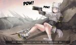 1girl absurdres animal_ears arknights arknights:_endfield black_shoes blood blood_on_weapon blue_eyes chinese_commentary chinese_text colored_shoe_soles commentary_request day estella_(arknights) fingerless_gloves firing full_body gauze gauze_on_knee gauze_on_leg gauze_on_thigh gloves grey_gloves grey_hair grey_hat grey_shoes grey_socks grey_tail gun handgun hat highres holding holding_gun holding_weapon long_sleeves medium_hair on_ground outdoors paid_reward_available shoes single_shoe sitting socks solo sound_effects sword t90s_mk2 tail translation_request variant_set weapon 