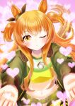  1girl animal_ears belt blush bomber_jacket bow breasts brown_ribbon chiffon commentary_request crop_top dog_tags ear_bow ear_ribbon green_belt green_jacket heart highres horse_ears horse_girl jacket long_hair long_sleeves looking_at_viewer mayano_top_gun_(scramble_zone)_(umamusume) mayano_top_gun_(umamusume) midriff navel one_eye_closed open_clothes open_jacket orange_hair parted_lips ribbon shirt shorts small_breasts solo two_side_up umamusume white_shorts yellow_shirt 