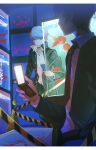  2boys adachi_tooru animal aquarium black_jacket cellphone closed_mouth fish fish_tank flip_phone goldfish grey_hair highres indoors jacket jian-zi long_sleeves looking_at_another male_focus multiple_boys narukami_yu necktie parted_lips persona persona_4 phone red_necktie shirt short_hair smile white_shirt 