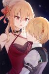  2girls bare_shoulders black_background black_choker black_vest blonde_hair breasts choker cleavage closed_mouth collarbone commentary criss-cross_halter dress ear_piercing evening_gown hair_between_eyes hair_bun hair_ornament hair_over_eyes hairclip halterneck heaven_burns_red highres juliet_sleeves kayamori_ruka kayamori_ruka_(moonstruck_by_you) large_breasts long_sleeves looking_at_another medium_breasts milchu multiple_girls official_alternate_costume official_alternate_hairstyle parallel_hairclips piercing puffy_sleeves red_dress red_eyes shirakawa_yuina shirakawa_yuina_(moonstruck_by_you) shirt short_hair sidelocks single_hair_bun sleeveless sleeveless_dress smile upper_body vest white_shirt yuri 