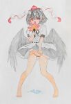  1girl absurdres barefoot bird_wings black_hair black_ribbon black_wings blush cekocn! cleft_of_venus closed_mouth collared_shirt commentary_request ear_blush embarrassed frilled_skirt frills full_body hat hauchiwa highres looking_at_viewer medium_hair neck_ribbon no_panties pom_pom_(clothes) puffy_short_sleeves puffy_sleeves pussy pussy_juice pussy_juice_puddle red_eyes red_hat ribbon shameimaru_aya shirt short_sleeves skirt skirt_tug solo toes tokin_hat touhou traditional_media white_shirt wings 