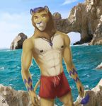  2017 5_fingers abs anthro arm_markings athletic biped black_claws black_nipples blue_fur blue_mane blue_markings blue_nose blue_sky brown_eyebrows brown_mane claws clothed clothing cloud countershade_face countershade_torso countershading day detailed_background dexterlion digital_media_(artwork) eyebrows feline front_view fur hi_res jewelry lion male mammal mane markings multicolored_fur multicolored_mane necklace nipples outside pecs pendant portrait red_bottomwear red_clothing rock rov sea signature sky smile solo standing swimming_trunks swimsuit tail_tuft tan_fur tan_tail three-quarter_portrait topless tuft two_tone_mane water white_countershading white_fur yellow_eyes 