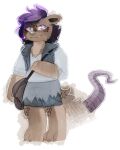 ambiguous_gender american_opossum anthro bag bag_over_shoulder barefoot belly blue_clothing bottomwear brown_body brown_fur claws clothed clothing colored crooked_tail demon_ascended digital_drawing_(artwork) digital_media_(artwork) digital_painting_(artwork) digital_watercolor_(artwork) english_text eyelashes feet female_(lore) fingers fur guide_lines hair hi_res hybrid hyena jessie_slickman_(demon_ascended) looking_at_viewer mammal markings marsupial messy_hair nonbinary_(lore) overweight painting_(artwork) patch_(fabric) patched_clothing paws purple_body purple_eyelids purple_eyes purple_hair purple_skin rolled_up_sleeves round_nose shaded shorts signature sketch skirt smile solo spots spotted_body spotted_fur spotted_hyena tail teeth text topwear torn_clothing vest watercolor_(artwork)