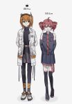  2girls absurdres adachi_rei ahoge arms_behind_back black_boots black_pantyhose black_shirt boots detached_sleeves drill_hair full_body grey_shirt grey_shorts grey_skirt height_chart highres jacket kasane_teto miniskirt multiple_girls niceclub open_clothes open_jacket orange_eyes orange_hair pantyhose pleated_skirt red_eyes red_hair shirt shoes shorts simple_background skirt sleeveless sleeveless_shirt sneakers standing thigh_boots twin_drills utau white_background white_jacket 