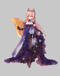  alternate_costume alternate_hairstyle animal_ears black_gloves black_legwear breasts cardigan cleavage collarbone elbow_gloves fate/extra fate/grand_order fate_(series) flower fox_ears fox_tail full_body gloves grey_background hair_flower hair_ornament highres large_breasts long_hair looking_at_viewer pink_hair shaenya_1024 simple_background solo tail tamamo_(fate)_(all) tamamo_no_mae_(fate) translation_request very_long_hair 