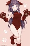  animal_costume animal_ears bangs banned_artist black_hair blue_eyes blunt_bangs blush breasts brown_swimsuit collar covered_navel dog_collar dog_costume dog_ears dog_paws gloves hime_cut large_breasts long_hair looking_at_viewer new_game! one-piece_swimsuit paw_gloves paw_print paws pink_background sideboob solo standing standing_on_one_leg swimsuit takimoto_hifumi tasora twitter_username wavy_mouth 