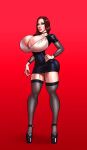  1girl absurdres bell bimbofication black_dress black_shoes black_thighhighs breasts brown_hair cleavage dargoden dress full_body grey_eyes hand_on_own_hip high_heels highres long_hair looking_at_viewer neck_bell original pureruby87 red_background red_lips saturated_background see-through_clothes see-through_thighhighs shirt shoes solo thick_lips thighhighs white_shirt 