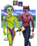  2boys absurdres animal_ears bangle blandji bracelet brown_eyes bulge closed_mouth colored_sclera colored_skin dark-skinned_male dark_skin denim dog_boy dog_ears dog_tail feet_out_of_frame furry furry_male game_screenshot_inset golfer_(terraria) green_skin headdress highres holding holding_staff jeans jewelry lizard_tail loincloth male_focus multiple_boys open_mouth pants pink_shirt pointy_ears polo_shirt red_eyes reptile_boy screenshot_inset shirt skull_on_head staff tail terraria tribal walking witch_doctor_(terraria) yellow_sclera 