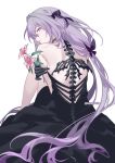  1girl absurdres alternate_costume annshiro76 artist_name black_choker black_dress black_gloves bow bright_pupils castorice_(honkai:_star_rail) choker commentary_request dress flower gloves highres holding holding_flower honkai:_star_rail honkai_(series) leaf long_hair looking_back low-tied_long_hair parted_lips pink_flower pointy_ears purple_eyes purple_hair ribbon simple_background sleeveless spine twitter_username very_long_hair white_background 