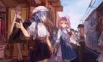  2girls absurdres alternate_costume bag bat_wings black_hairband black_skirt blue_hair blue_sky blush brown_bag closed_mouth cloud commentary_request commission contemporary dating day eyeball hair_ornament hairband hat heart heart_hair_ornament highres holding_hands komeiji_satori mannequin medium_hair mob_cap multiple_girls outdoors people pixiv_commission pointing pointy_ears red_eyes remilia_scarlet shirt shoulder_bag skirt sky smile third_eye touhou vanilla_flan white_shirt wings yuri 