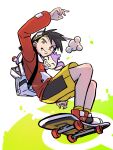  aipom backpack bag black_hair closed_mouth ethan_(pokemon) full_body goggles goggles_on_headwear green_background grin highres jacket poke_ball pokemon pokemon_adventures pokemon_heartgold_and_soulsilver pokenasi red_jacket red_shoes shoes shorts skateboard skateboarding smile teeth two-tone_background white_background white_bag yellow_eyes yellow_shorts 