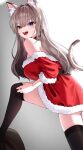  absurdres adjusting_clothes adjusting_legwear animal_ear_fluff animal_ears bare_shoulders belt black_belt black_choker black_thighhighs blue_eyes blush borrowed_character brown_hair cat_ears cat_girl cat_tail choker dress extra_ears facial_mark fur-trimmed_dress fur_trim highres indie_virtual_youtuber long_hair off-shoulder_dress off_shoulder open_mouth red_dress santa_costume santa_dress seorang_(vtuber) sobayaki18 sweat tail teeth thighhighs upper_teeth_only virtual_youtuber 