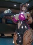 absurd_res anthro balls bell bell_collar big_balls big_breasts bodily_fluids breasts brown_body brown_hair bulge bunny_costume chastity_bulge chastity_device clothing collar container costume cum cum_in_mug cup felid genital_fluids genitals glistening glistening_body glistening_breasts glistening_clothing grey_eyes gynomorph hair hi_res intersex latex latex_clothing lira_(remix1997) looking_at_viewer mammal mug muscular muscular_anthro muscular_gynomorph muscular_intersex prehistoric_species saber-toothed_tiger solo swimming_pool tonyturbo tray wide_hips